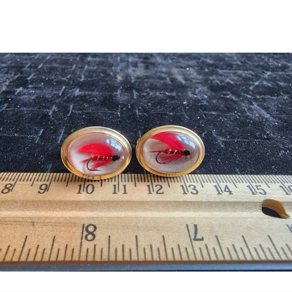 Vintage Krementz Cufflinks Fly Fishing Lure Lucite Red Feather Used Great Shape